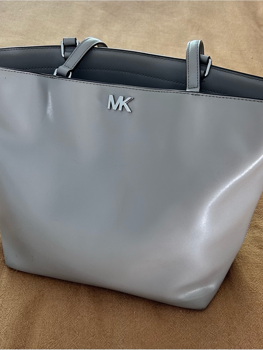 Michael Kors Light Gray Leather Tote with Silver MK Logo